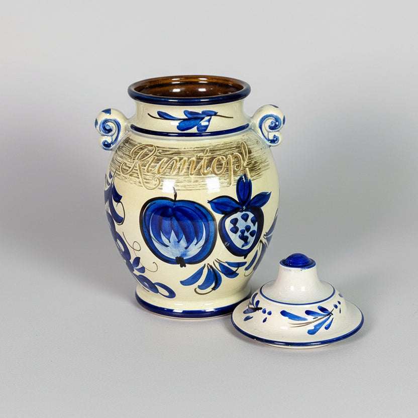 Ръчно изработен керамичен съд с капак (Handmade German Stoneware Crock with Lid) – Традиционен дизайн за плодове в ром – Open View