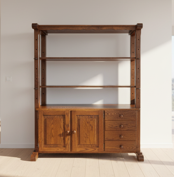 МАСИВЕН ДЪБОВ ШКАФ / БИБЛИОТЕКА С РЕГУЛЕРУЕМИ РАФТОВЕ