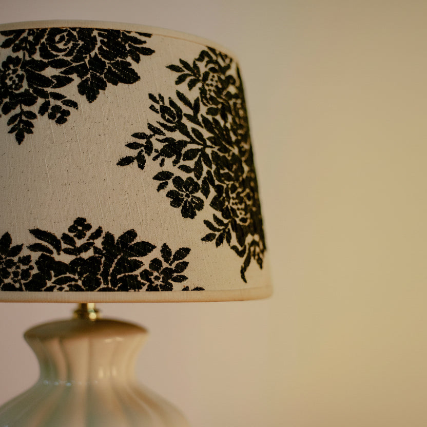 Детайлен завършек на флорален абажур (Detail of Lampshade Edge and Fabric Finish) – Висококачествена изработка – Studio Close-up