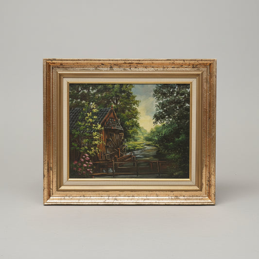 Детайл на маслена картина от Freddy Baeten (Detail of Original Oil Painting by Freddy Baeten) – Белгийски пейзаж с воденица – Close-up View