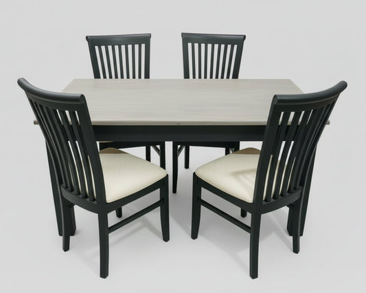 Реновирана двуцветна трапезна маса от масивно дърво (Two-tone Solid Wood Dining Table) – Светъл плот и тъмни крака – Full View with Chairs