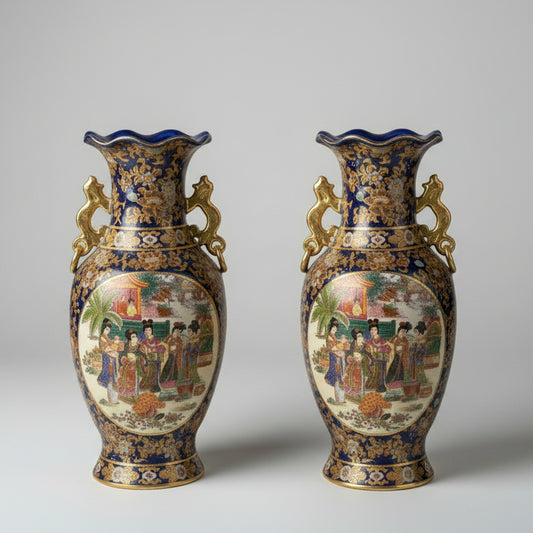 Комплект порцеланови вази в кралско синьо и златно (Pair of Royal Blue Chinese Porcelain Vases) – Колекционерски порцелан – Set View