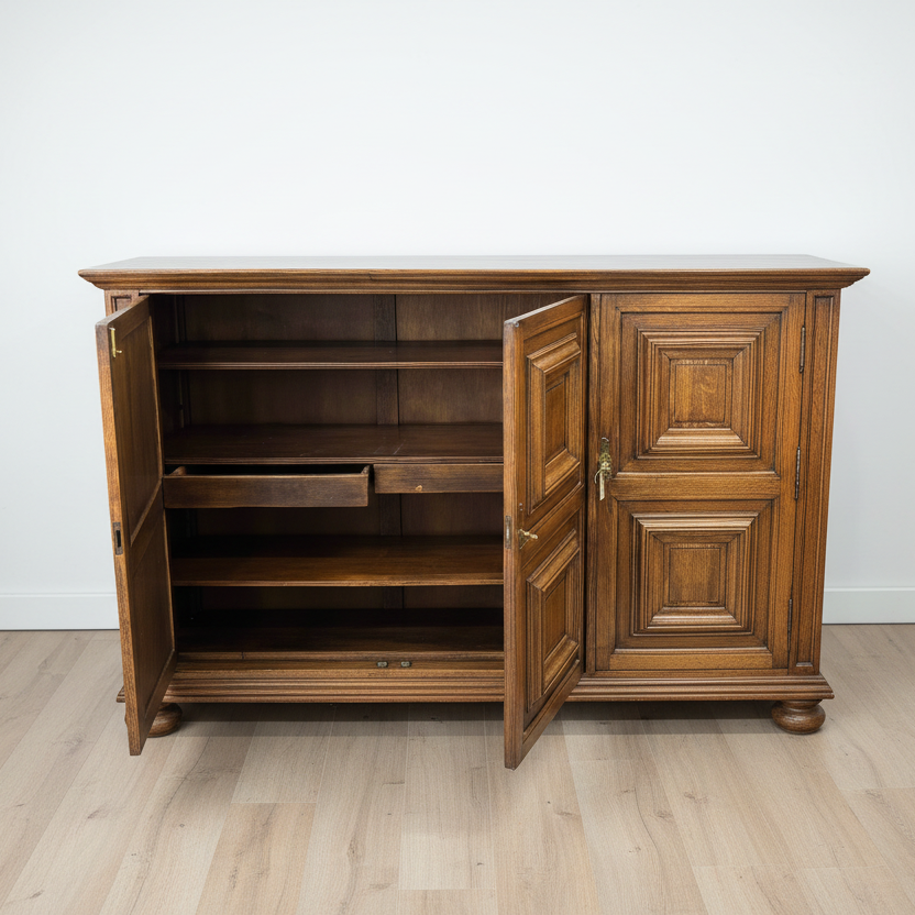 Отворен дъбов шкаф с рафтове и вътрешни чекмеджета (Open Antique Cupboard with Shelves and Drawers) - Оптимизирано пространство за съхранение