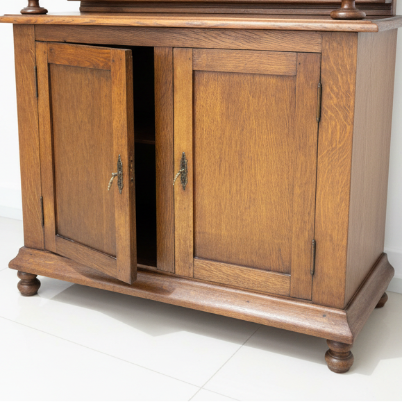 Долна част на масивен дъбов бюфет (Bottom Section of Antique Oak Sideboard) - Две масивни врати - Angle View