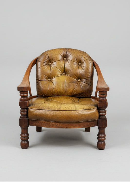 ВИНТИДЖ КОЖЕН ФОТЬОЙЛ/Chesterfield стил - English Country/МАСИВ И ЕСТЕСТВЕНА КОЖА