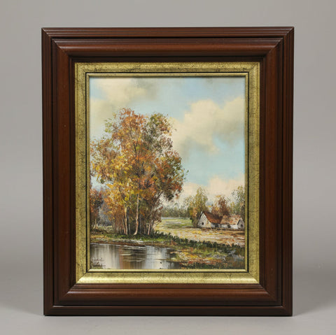 Европейски воден пейзаж с архитектурни елементи (European Water Landscape with Architecture) - Маслени бои върху платно - 73x63 cm