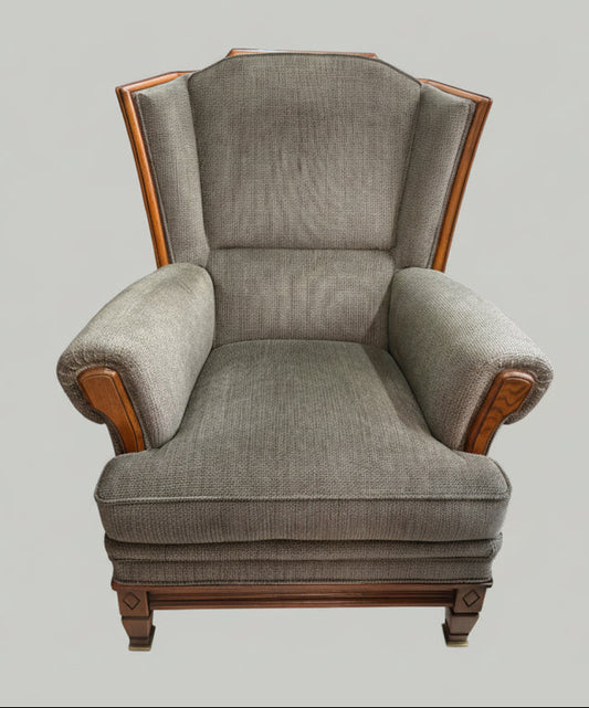 Ретро кресло Art Deco стил (Mid-Century Modern Armchair) - Сиво-кафява дамаска - Front View
