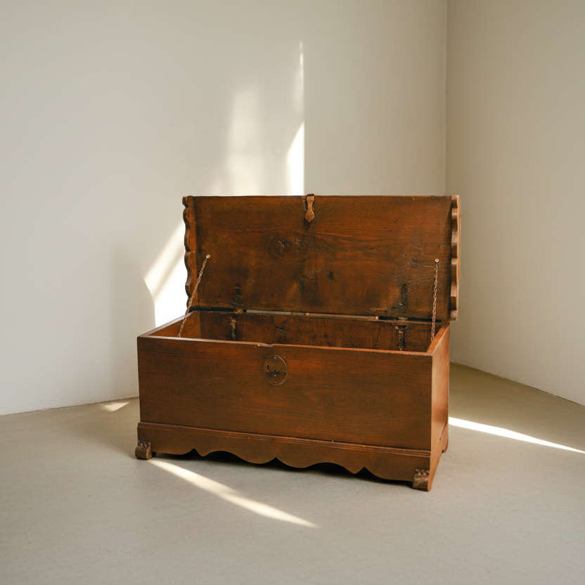 Отворен старинен сандък от масивно дърво (Open Antique Solid Wood Trunk) – Обемно съхранение с метални вериги – Front View