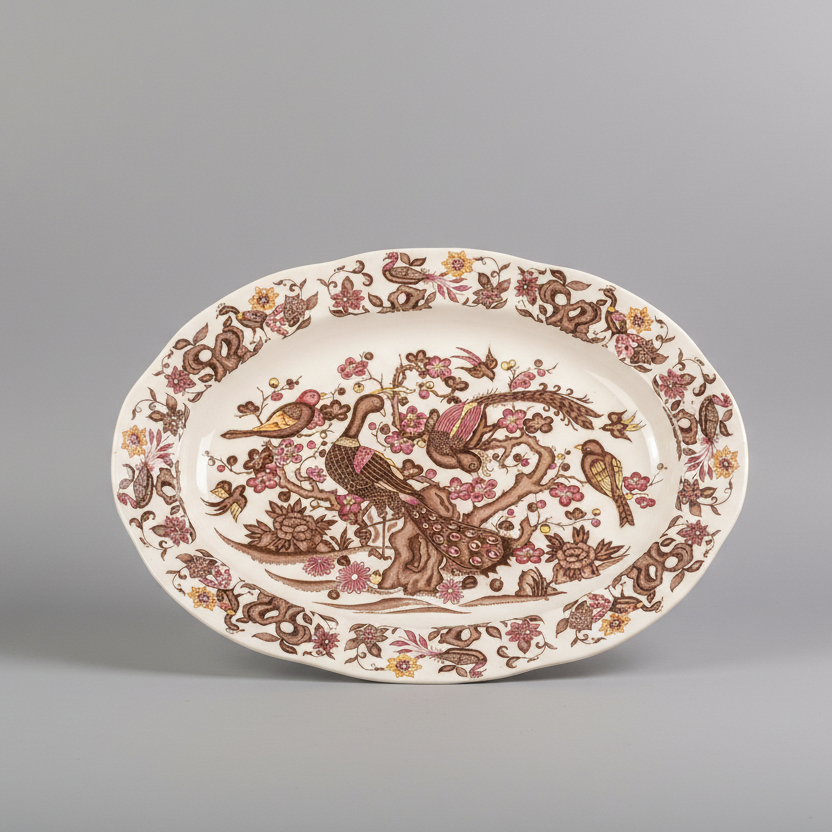 Овално декоративно керамично плато с ръчно рисувани мотиви (Oval Hand-painted Ceramic Display Plate) – Винтидж стил – Front View