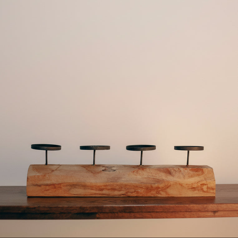 Рустикален свещник от масивно дървено трупче (Rustic Solid Wood Log Candle Holder) – Център за маса с 4 свещи – Full Front View