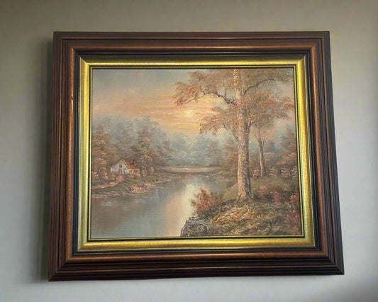 Ръчно рисувана картина с горски пейзаж и река (Hand-painted River & Forest Landscape) - Топли есенни тонове - Full View