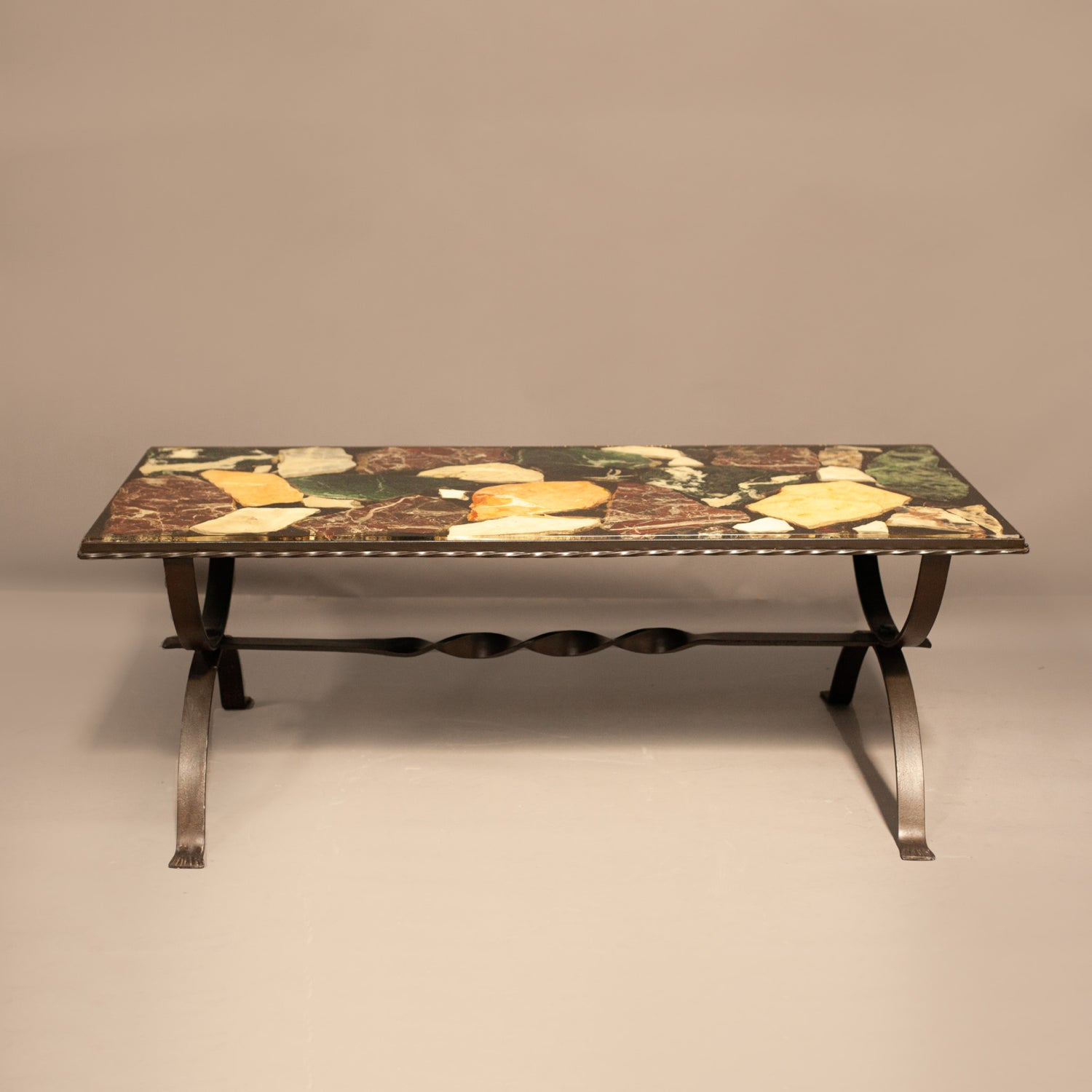 Мид-сенчъри масичка за кафе с железни крака (Mid-Century Coffee Table with Wrought Iron Base) – Автентичен стил от 1960-те – Front View